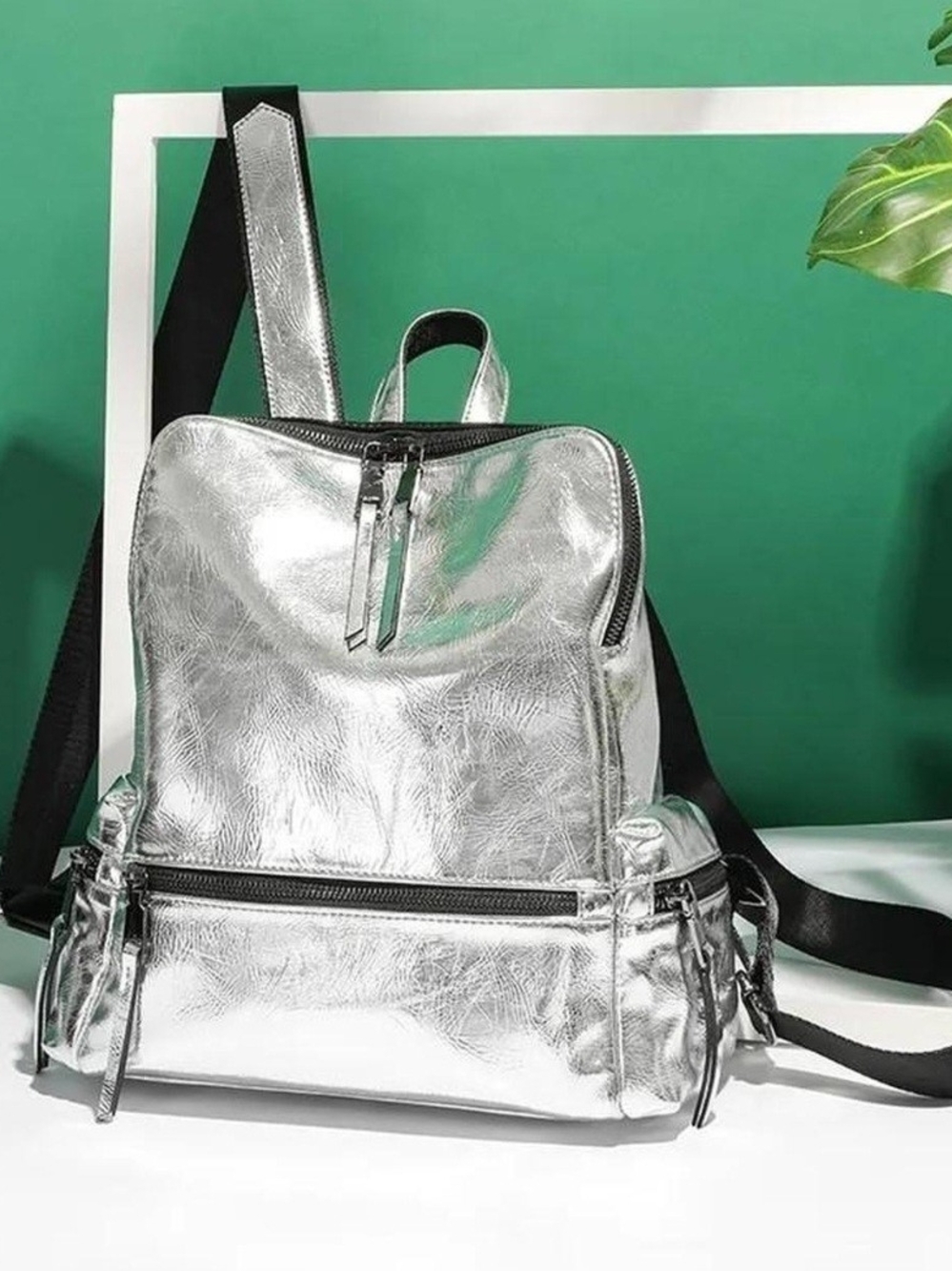 Metallic Silver Women's Backpack - Stylish Everyday Bag New